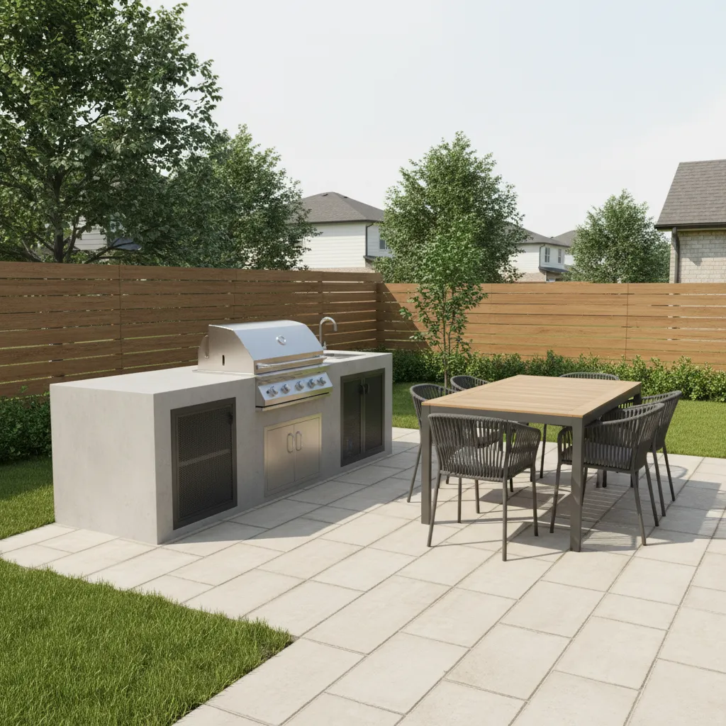 simple backyard outdoor kitchen with grill prep counter and patio