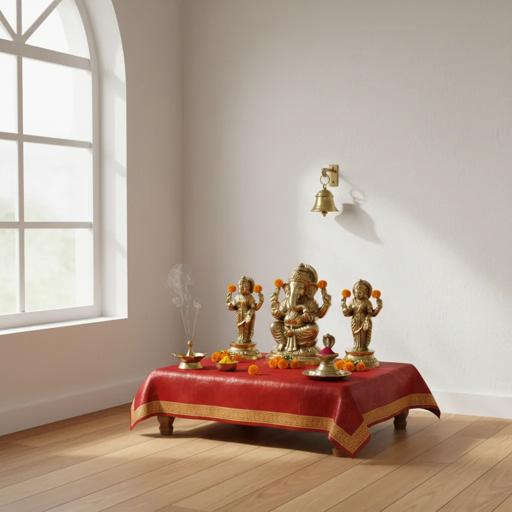 Simple pooja chowki decorated with silk cloth and brass idols
