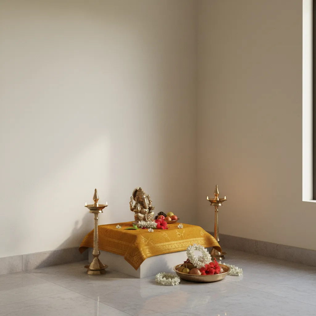 Simple elevated pooja platform with decorated cloth and brass lamps