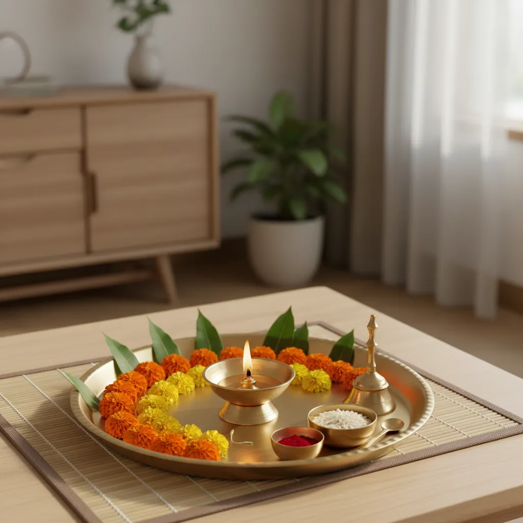 Simple pooja thali decorated with marigold flowers and diya