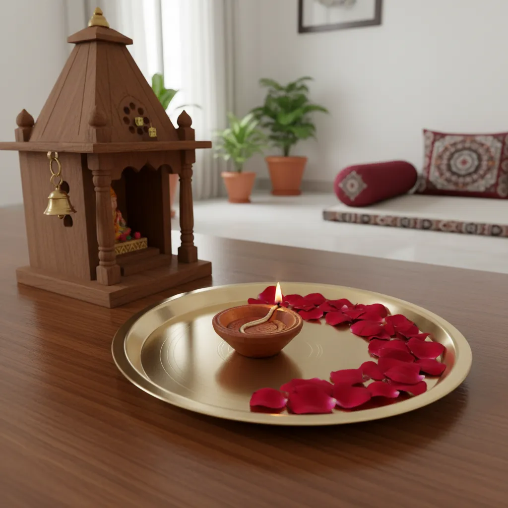 Simple pooja thali with diya and flower petals for small home mandir