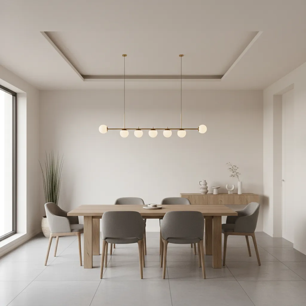 Dining room with simple POP ceiling design and central pendant light