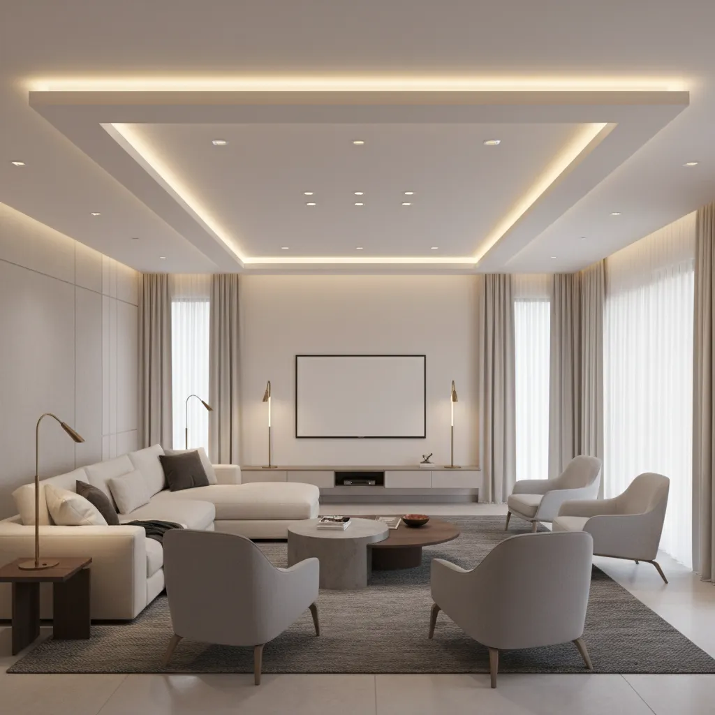 Large modern living room featuring white sofa grey armchairs rug and warm recessed ceiling lighting