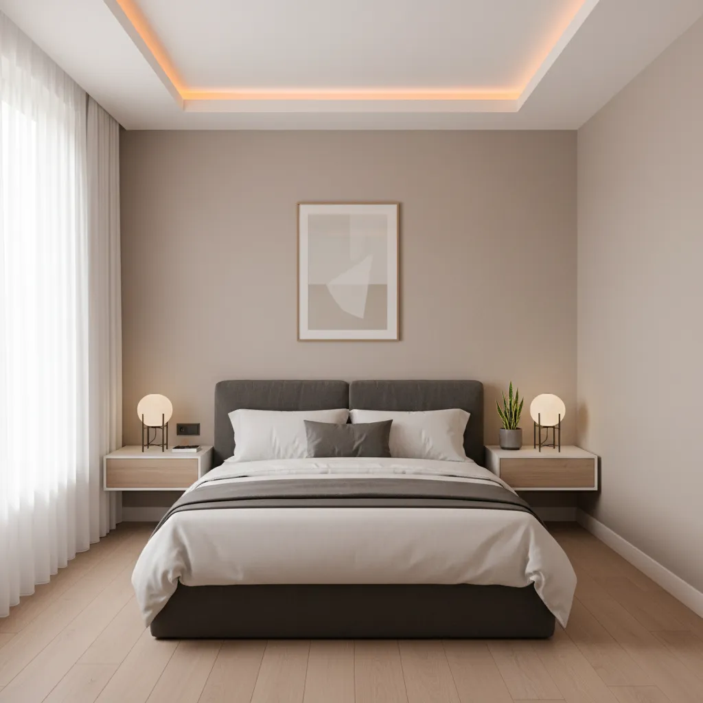 simple POP ceiling tray design in a small bedroom