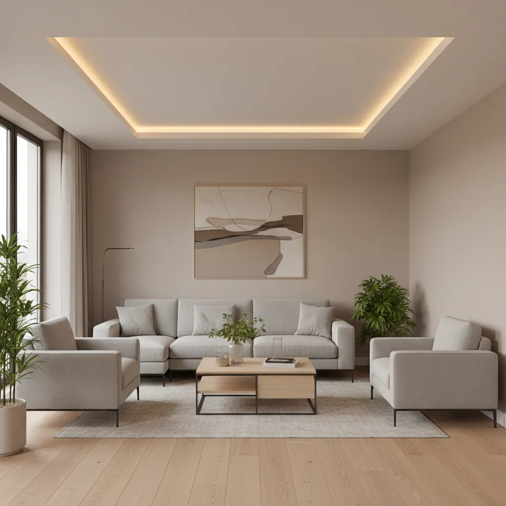 Small living room hall with minimal tray POP ceiling and soft LED lighting