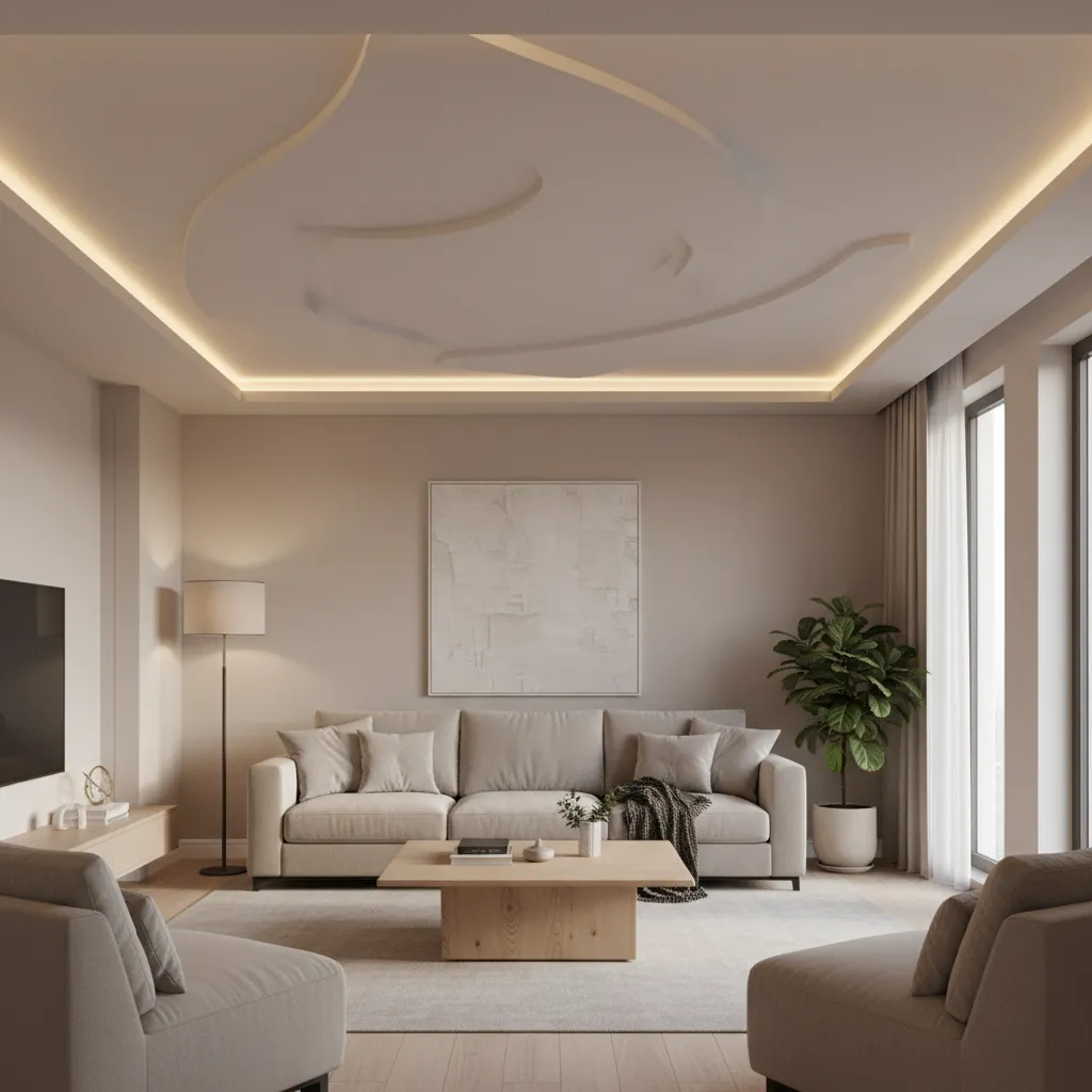 living room interior with simple plaster of paris ceiling border design