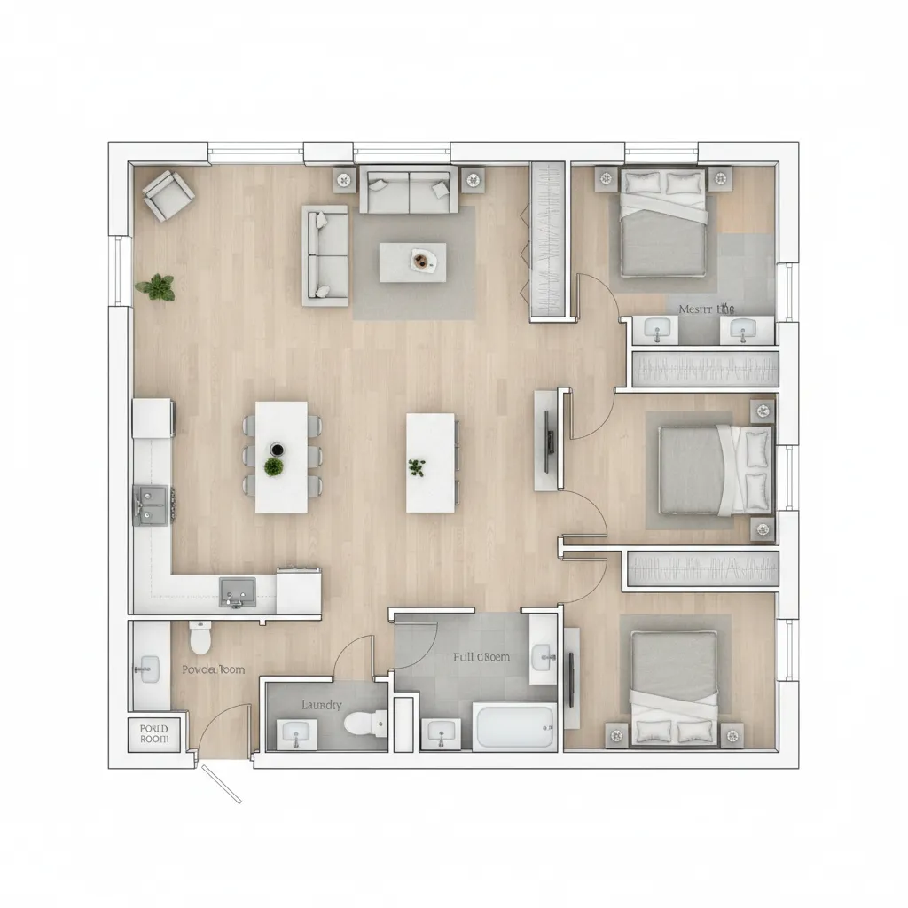 simple rectangular house floor plan showing efficient layout