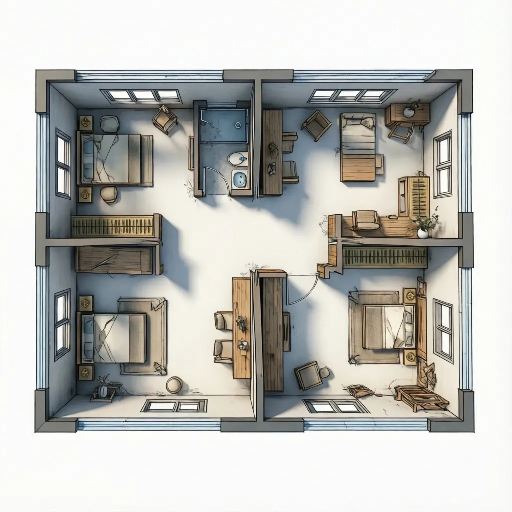 simple rectangular rural house layout designed for low construction cost