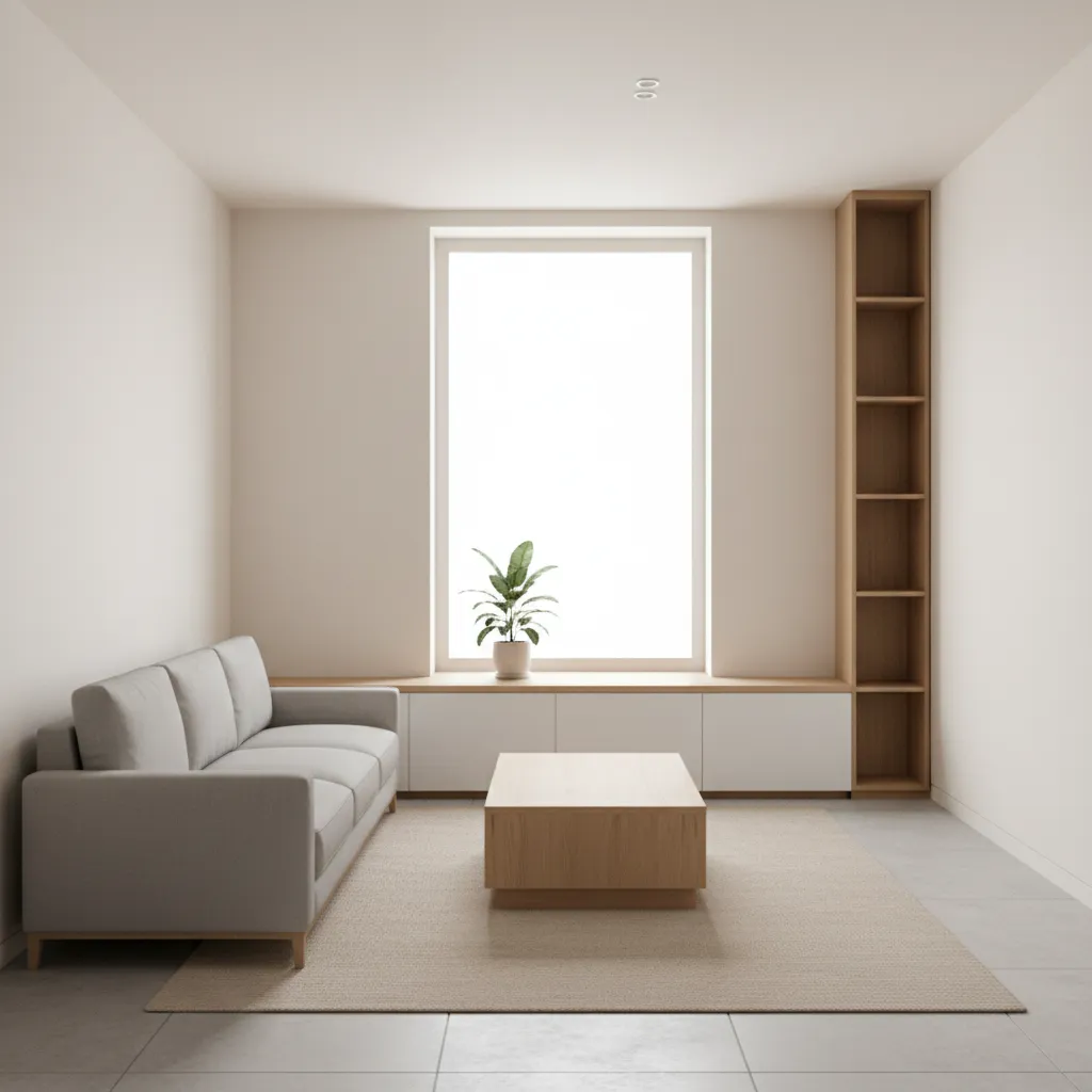 basic 3D room layout with sofa table and cabinets designed in lightweight software