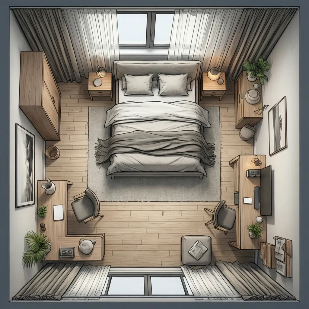 simple bedroom layout planning with furniture placement diagram