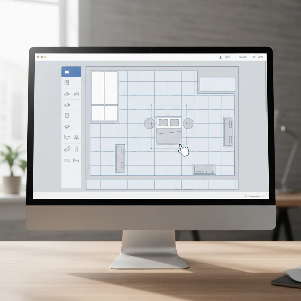 Computer screen showing a bedroom floor plan with a hand cursor moving a bed icon