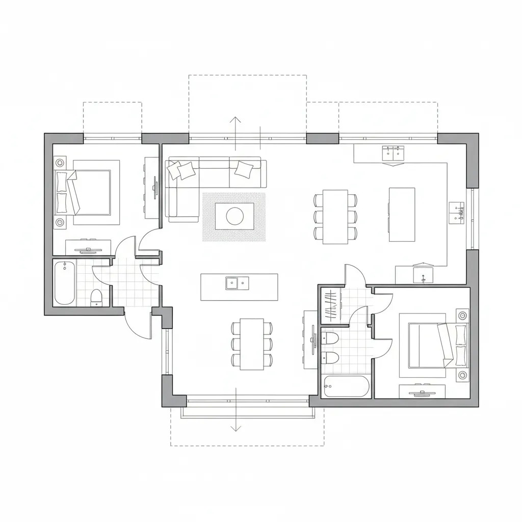 Detailed 2D house floor plan with two bedrooms bathrooms living room kitchen and dining layout