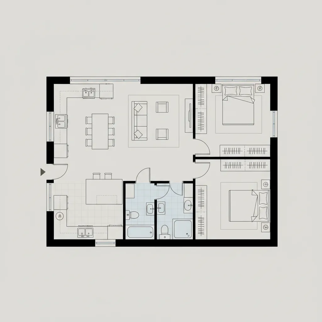 Simple 1000 sq ft home layout showing compact rectangular floor plan