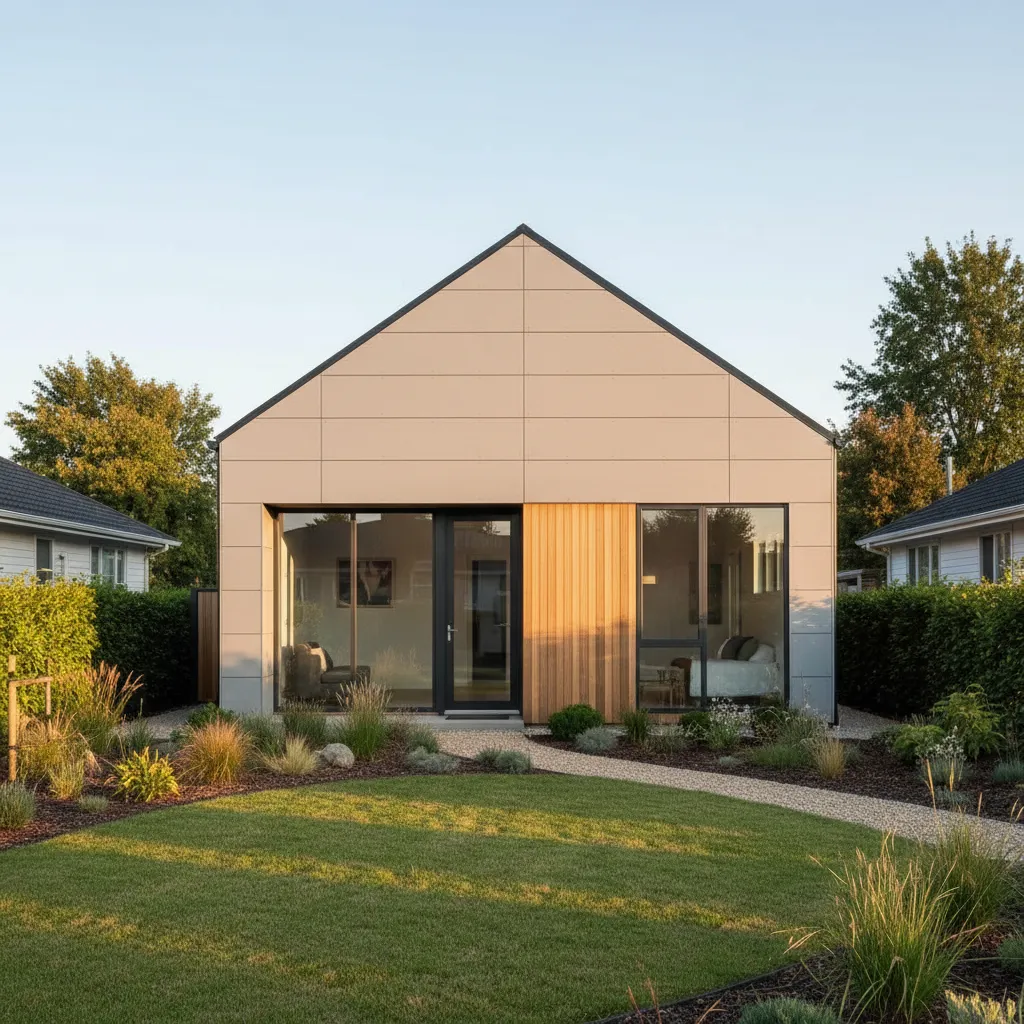 Completed modern small house with simple roofline and efficient design