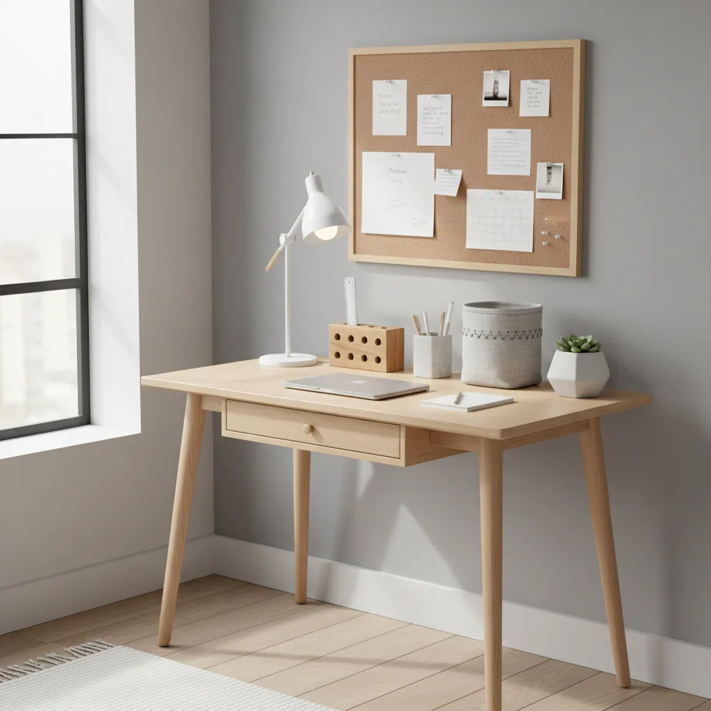 simple decorated study desk with handmade pen holders and note board