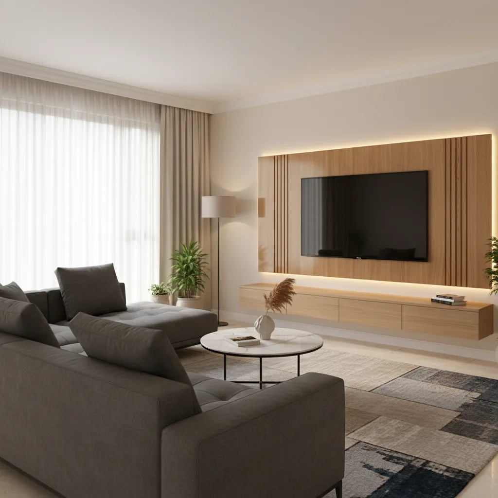 Modern living room featuring grey sofa wood wall panel with TV and floating cabinet design