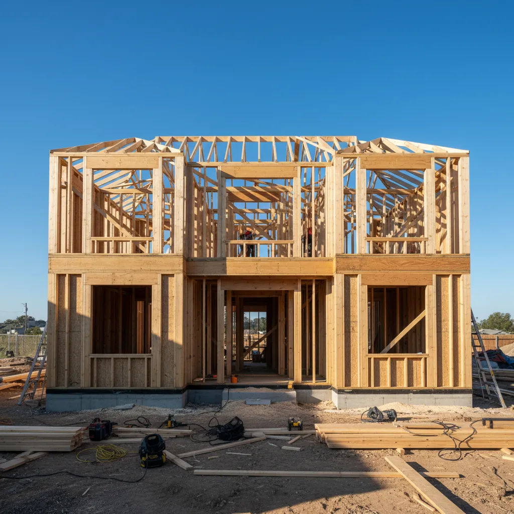 simple rectangular two story home structure under construction framing stage