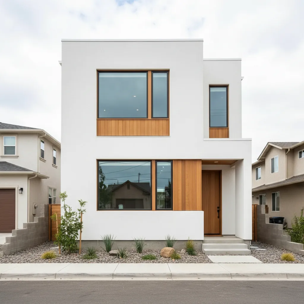 Modern two story white house with wood wall panels large windows and a flat roof
