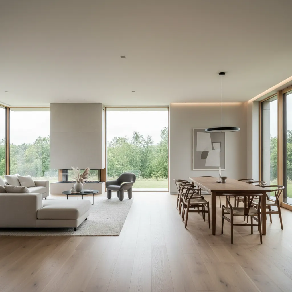 Sala de estar moderna conectada con comedor en una casa de dos pisos