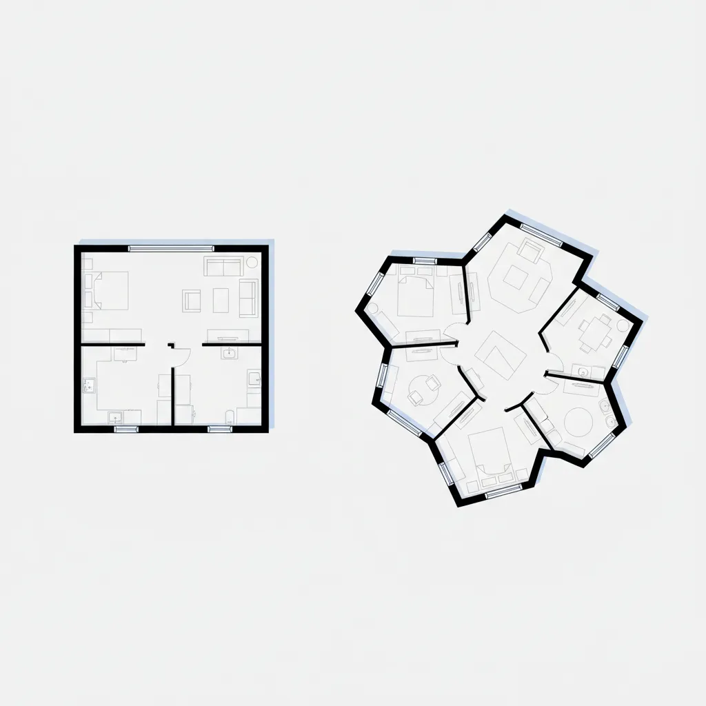 Comparison of a simple square floor plan versus a complex and irregular shaped house layout