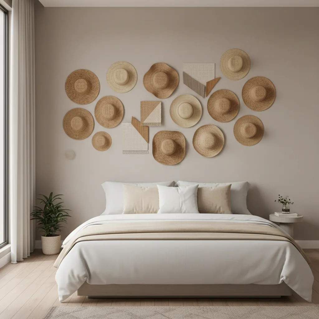 wall decorated with hats and textiles as zero budget wall decor idea
