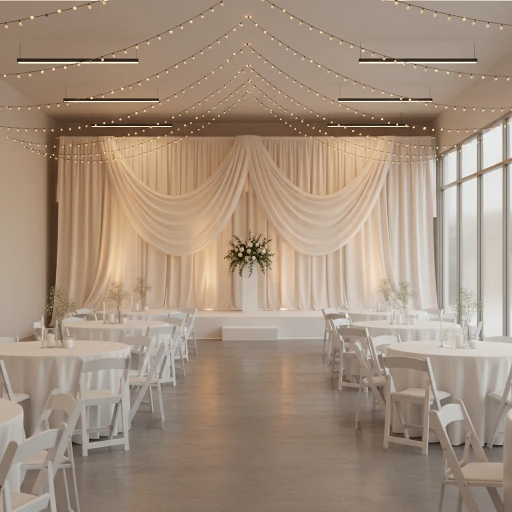 simple wedding hall with minimal budget decorations and stage focal point