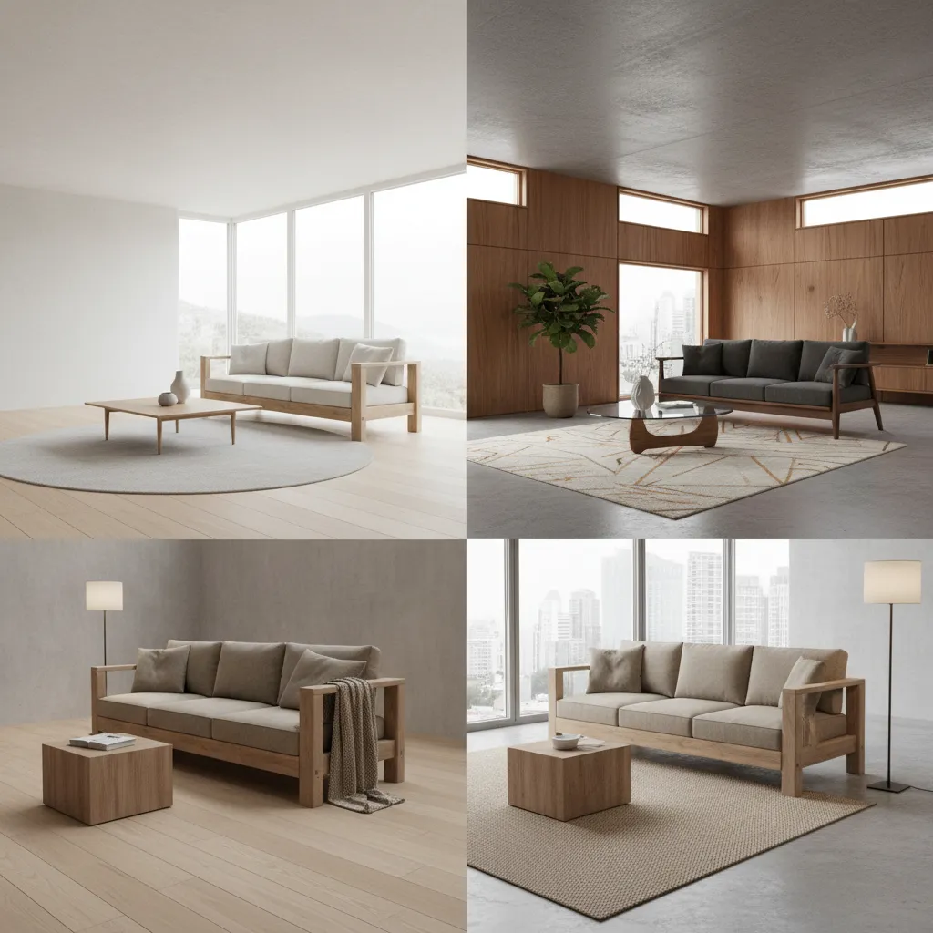 Different simple wooden sofa styles in a modern living room