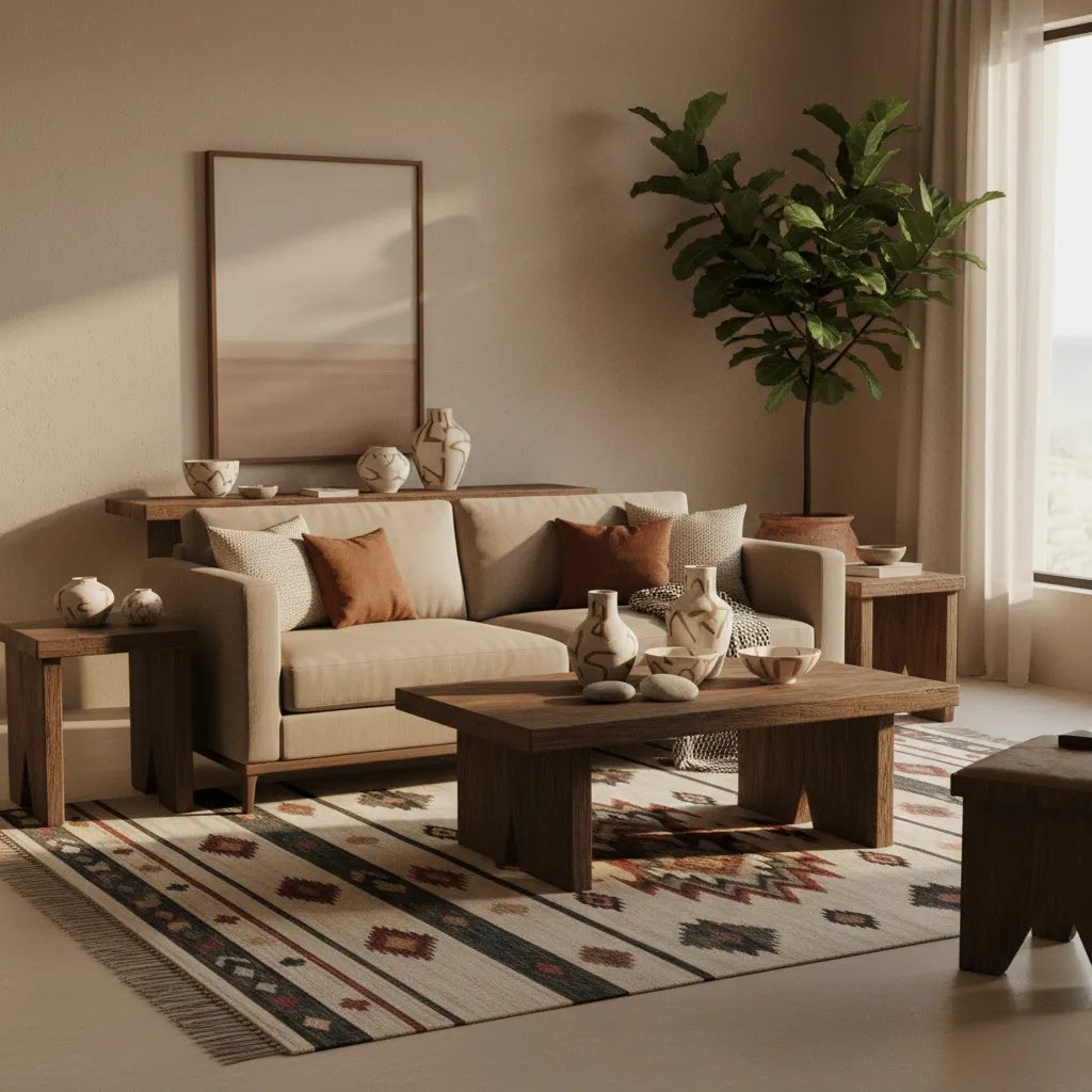 Minimal Aztec living room with selective tribal accents and neutral furniture