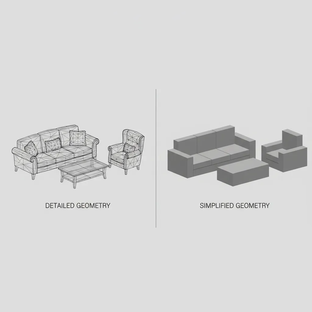 Comparison between complex CAD model and simplified geometry version