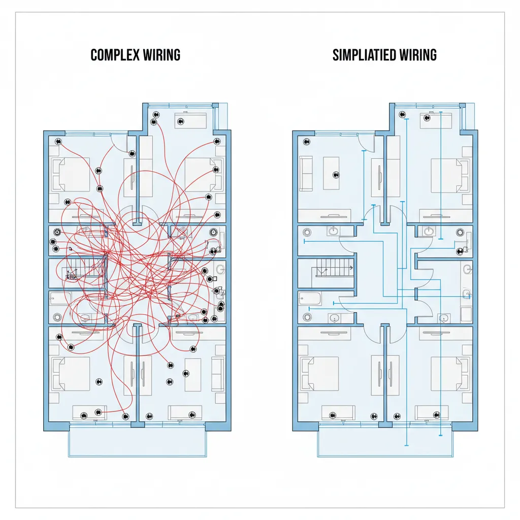 Architectural diagram comparing complex versus simplified wiring paths in a floor plan