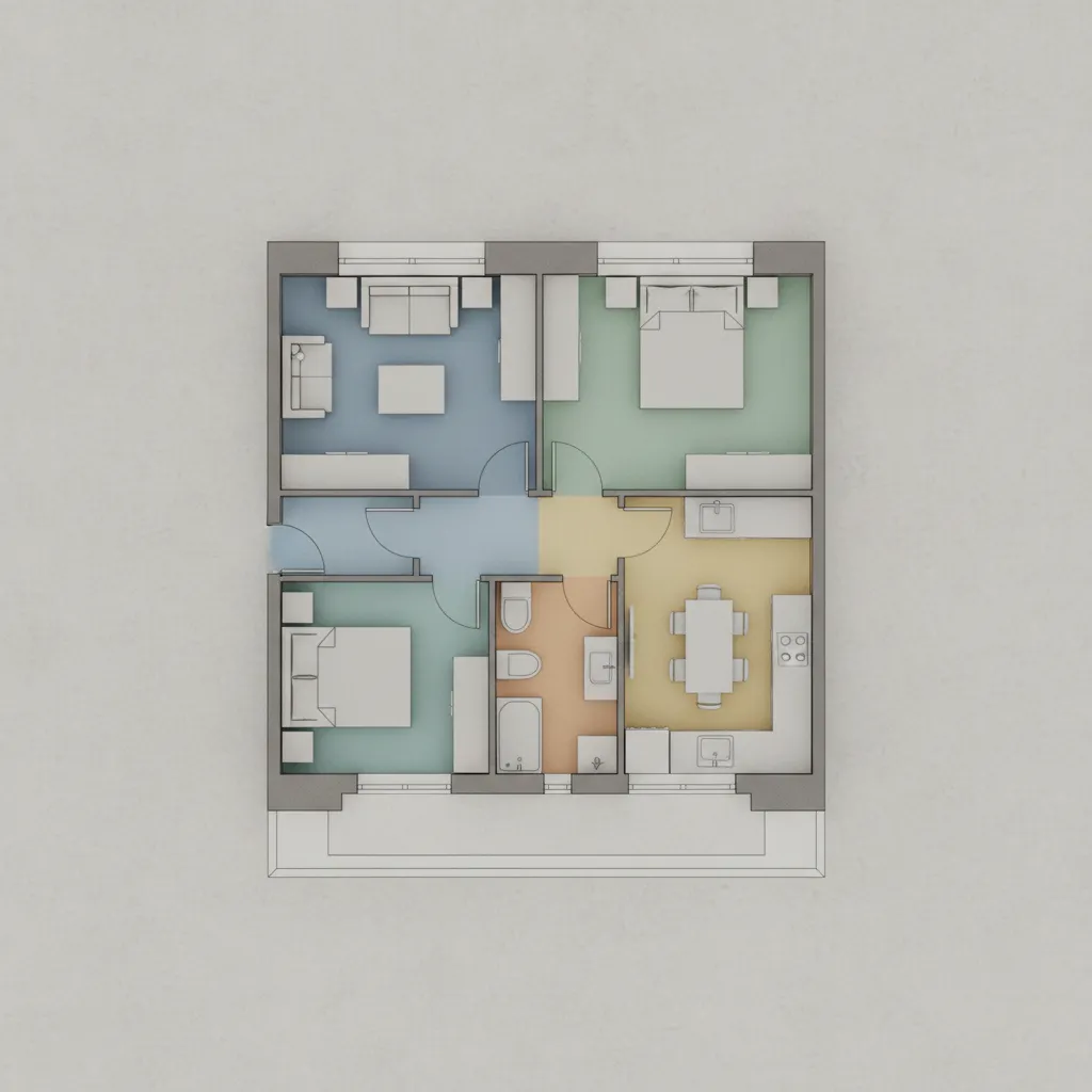 minimalist floor plan with simplified furniture and balanced space