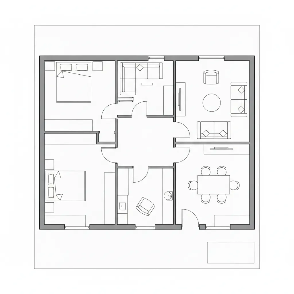 Simplified furniture symbols used in architectural floor plan hand rendering