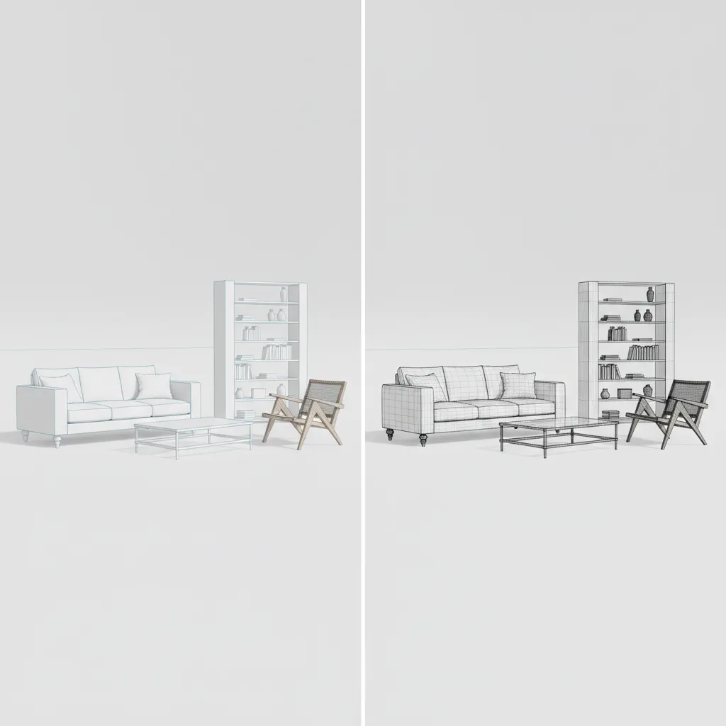 Comparison between simplified and highly detailed 3D furniture models in CAD