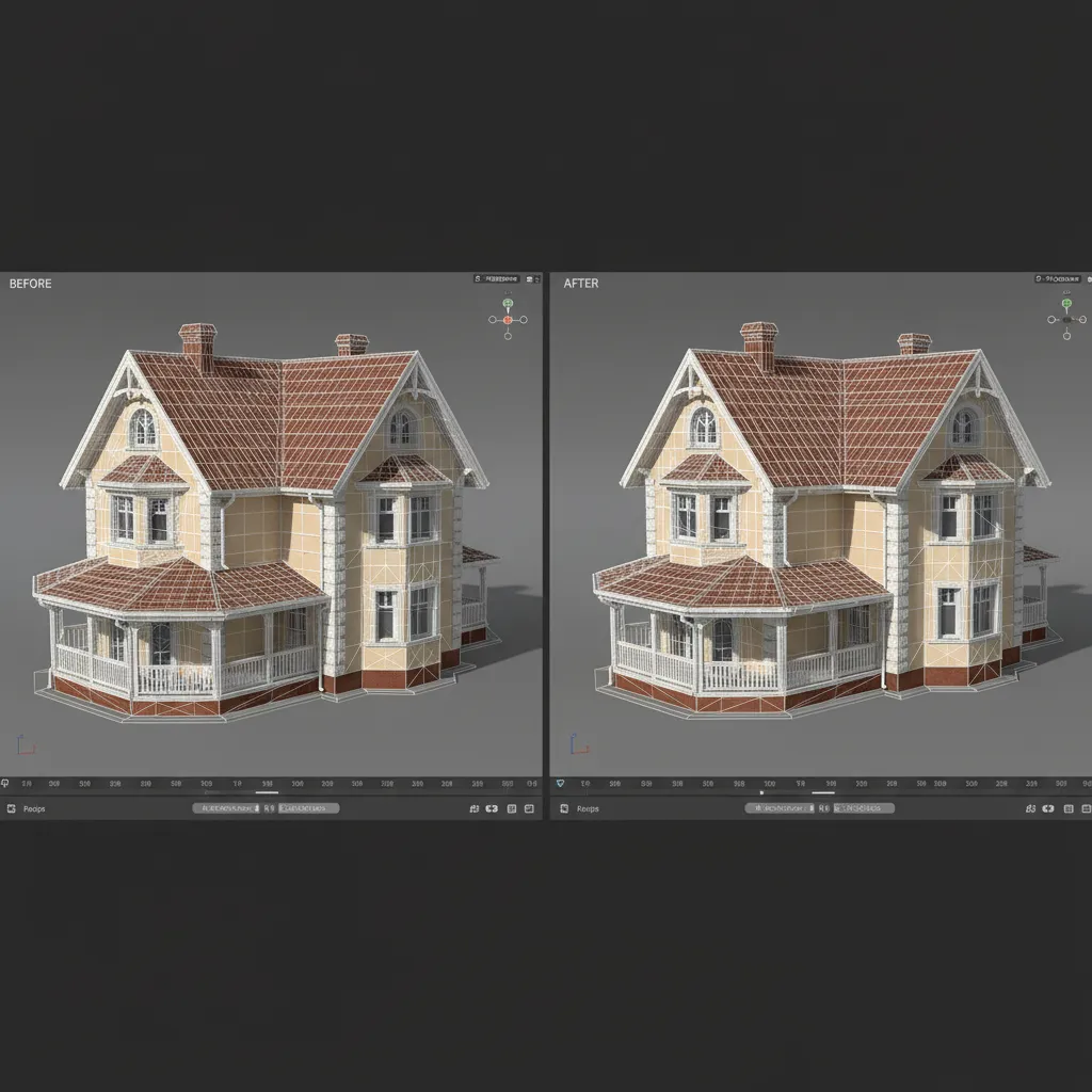 Example of reducing polygon count on a 3D house model