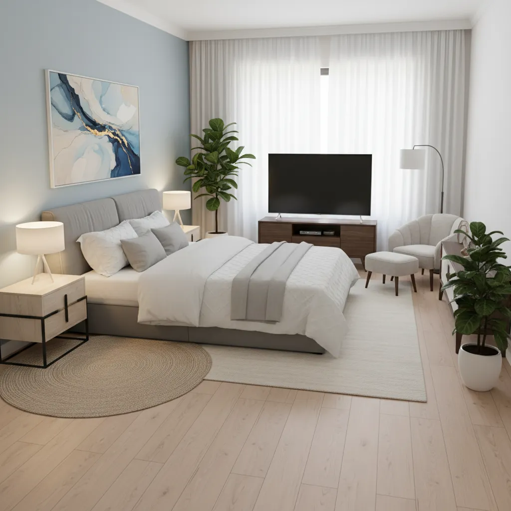 Modern bedroom featuring grey bed with wooden nightstands plus white curtains and a large television