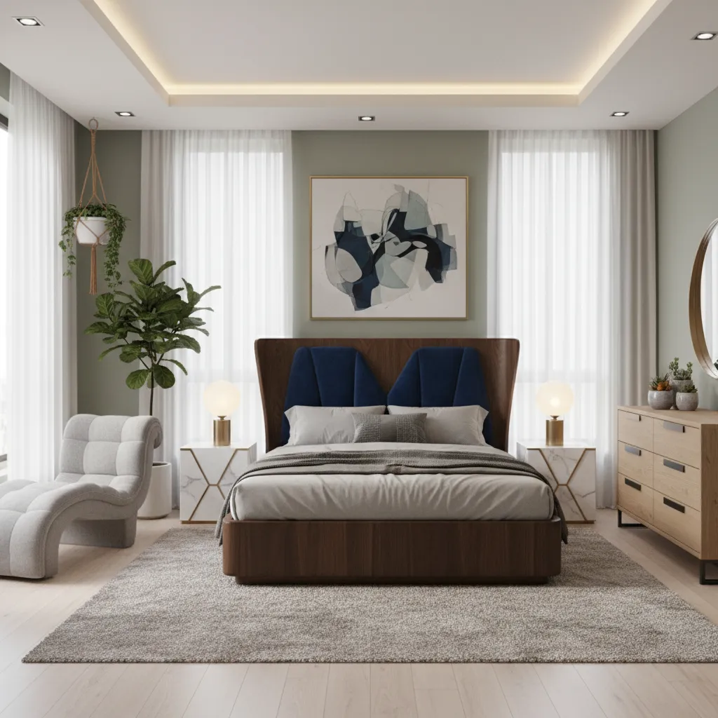Modern bedroom interior design drawing with wooden bed grey rug green walls and grey sofa