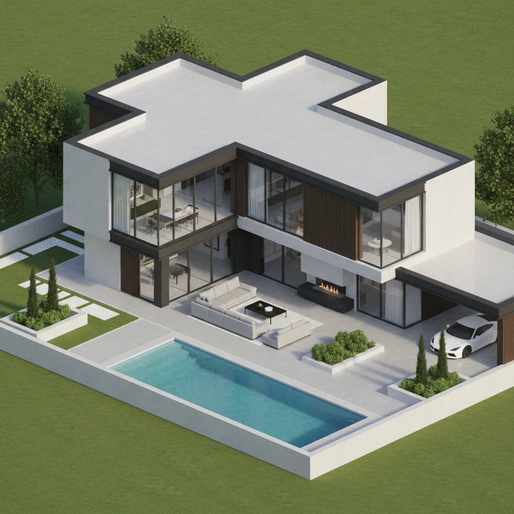 Modern two-story house interior design drawing with swimming pool, outdoor sofa, windows, and white car