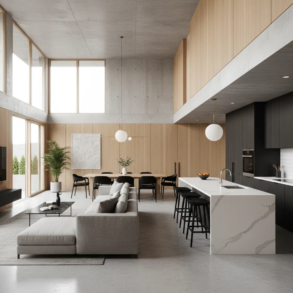 Modern open interior with large kitchen island plus grey sofa and wooden wall panels and windows