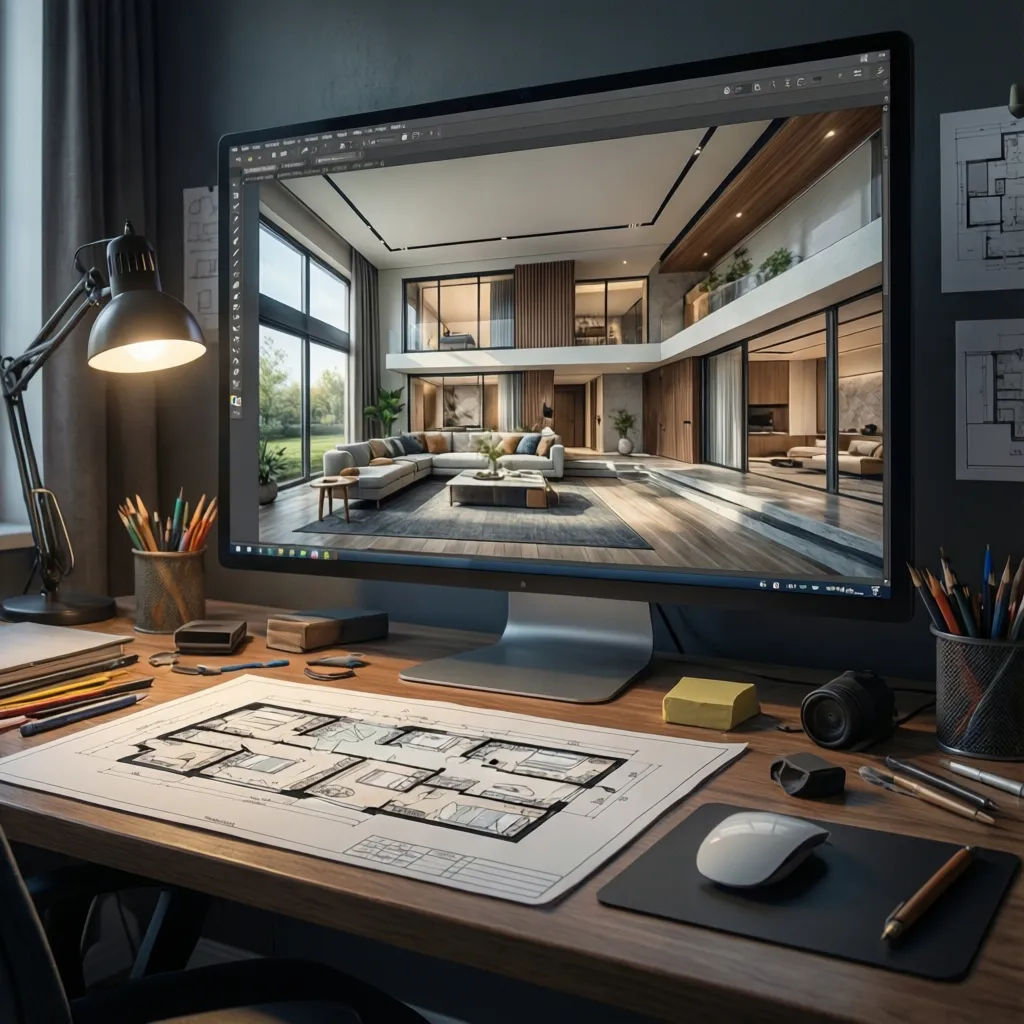 Modern monitor showing interior design drawing with sofa, floor plan, desk lamp, and colored pencils