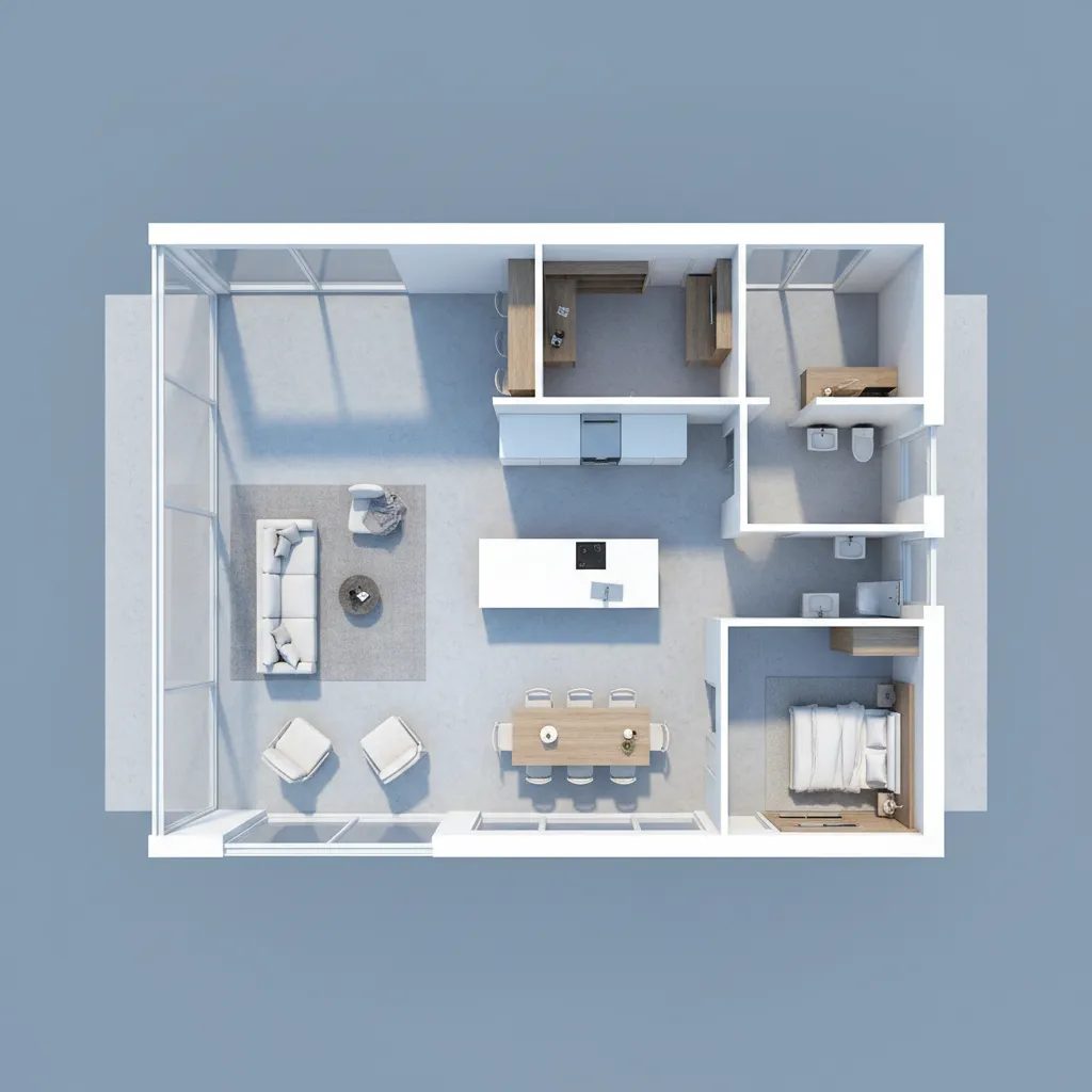 Plano moderno de casa con salón abierto y cocina conectada