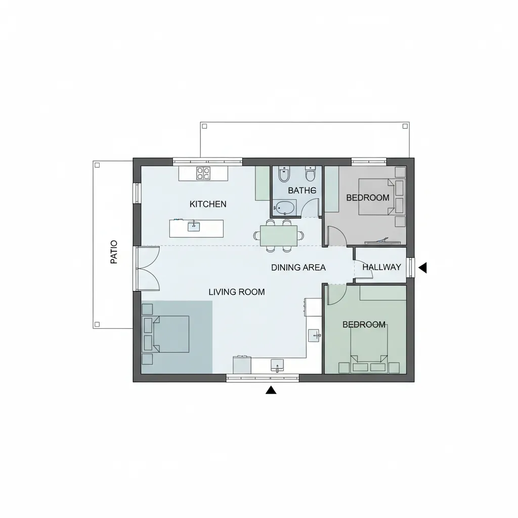 Simple 2D house floor plan showing two bedrooms kitchen living room dining area and patio