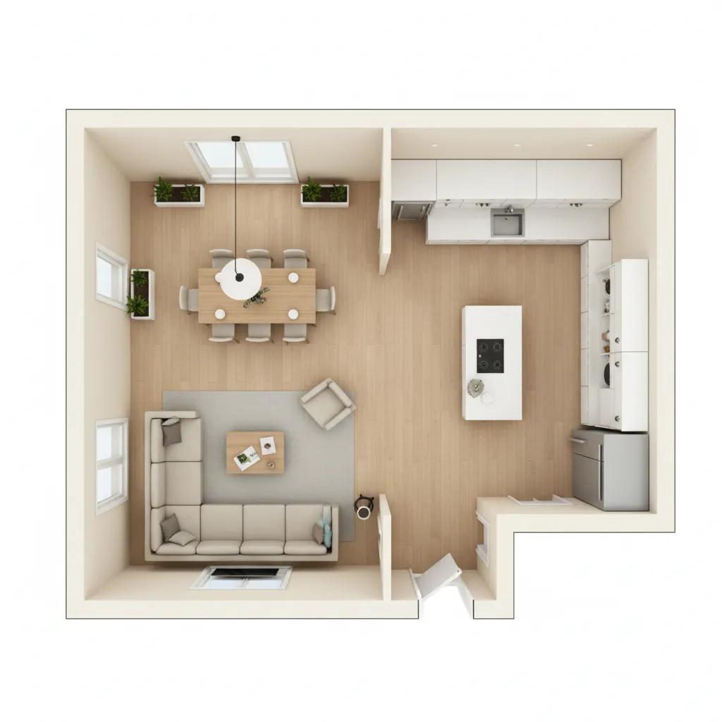 Top down room layout featuring kitchen dining table sofa and light wooden floors in apartment
