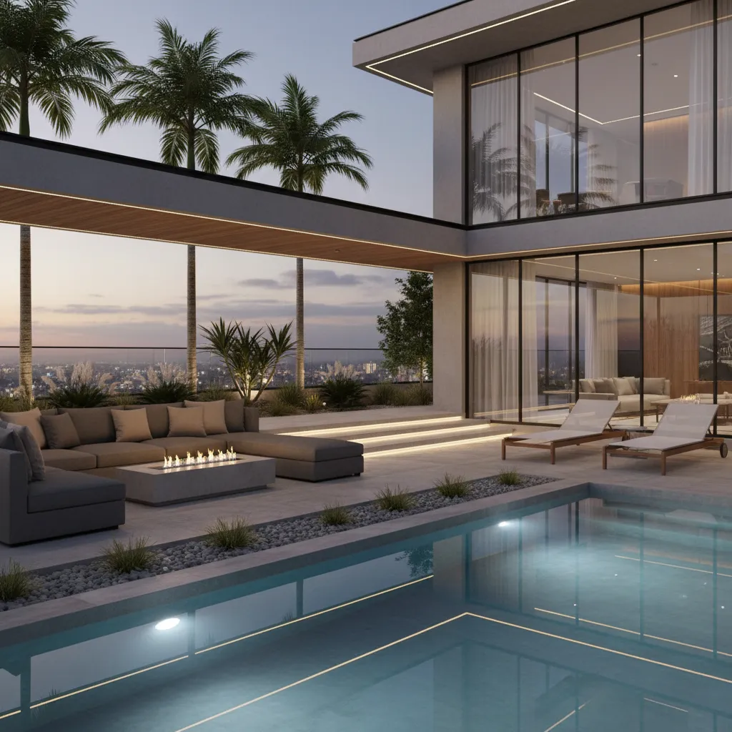 Patio moderno con piscina y zona lounge exterior