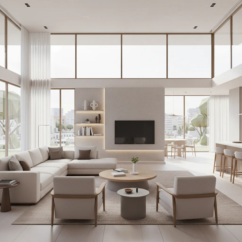 Salón moderno abierto con sofá grande y ventanales amplios