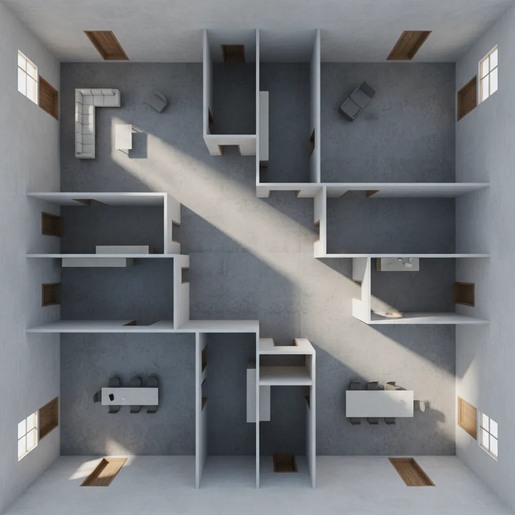 Top-down room layout showing several rooms with tables, chairs, doors, and sunlight on the floor