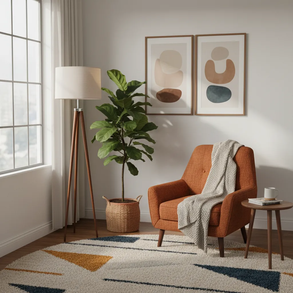 Detalles decorativos como plantas alfombra y lámpara en un salón acogedor