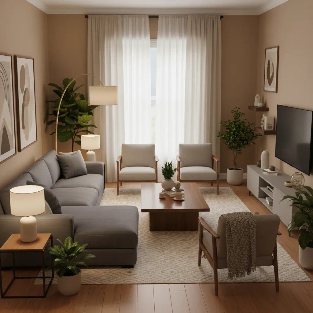 Interior de casa estilo Sims con iluminación y muebles bien distribuidos