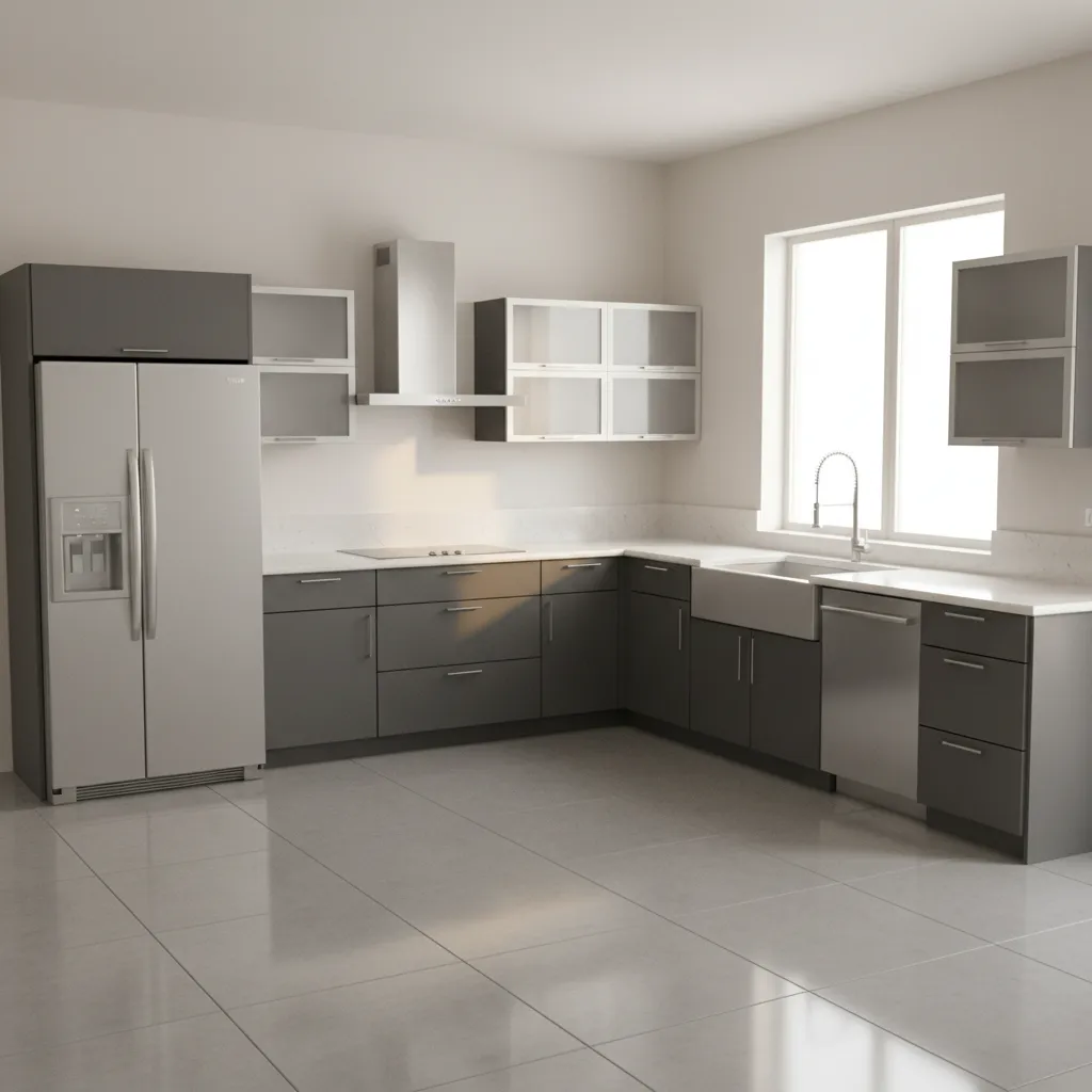 Cocina en forma de L con frigorífico encimera y cocina formando triángulo funcional