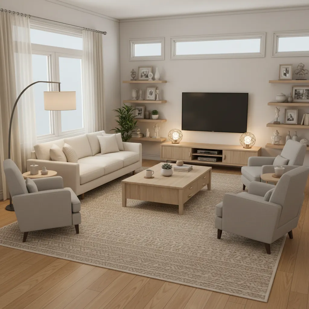 Sala de estar bien distribuida con sofá, mesa y alfombra en un diseño inspirado en Sims