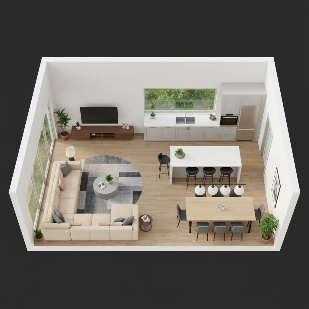 Distribución abierta de salón comedor y cocina en una casa estilo Sims